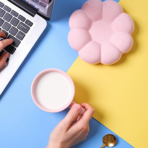 ARISKEY Ceramic Cloud Mug Coffee Mug with Sunflower Coaster- Flower Cups Novelty Coffee Mug Set with Saucer and Spoon- 6.5 oz/200 ml Creative Mug for Latte Milk and Tea-Pink