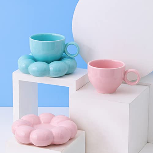 ARISKEY Ceramic Cloud Mug Coffee Mug with Sunflower Coaster- Flower Cups Novelty Coffee Mug Set with Saucer and Spoon- 6.5 oz/200 ml Creative Mug for Latte Milk and Tea-Pink