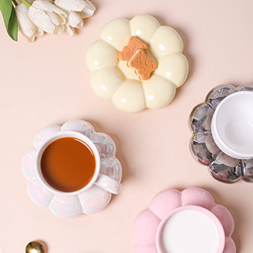 ARISKEY Ceramic Cloud Mug Coffee Mug with Sunflower Coaster- Flower Cups Novelty Coffee Mug Set with Saucer and Spoon- 6.5 oz/200 ml Creative Mug for Latte Milk and Tea-Pink