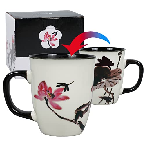 Asmwo Funny Ceramic Magic Heat Color Changing Art Coffee Tea Mug Lotus Printing Porcelain Mugs for Women Personalized White Green Tea Cup 16 oz Large Coffee Mug for Mom Girl Grandma And Man