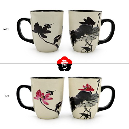 Asmwo Funny Ceramic Magic Heat Color Changing Art Coffee Tea Mug Lotus Printing Porcelain Mugs for Women Personalized White Green Tea Cup 16 oz Large Coffee Mug for Mom Girl Grandma And Man