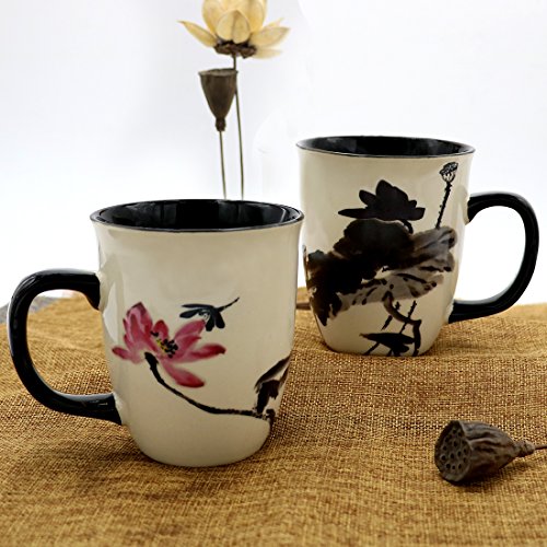 Asmwo Funny Ceramic Magic Heat Color Changing Art Coffee Tea Mug Lotus Printing Porcelain Mugs for Women Personalized White Green Tea Cup 16 oz Large Coffee Mug for Mom Girl Grandma And Man