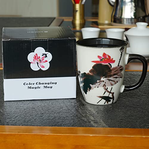 Asmwo Funny Ceramic Magic Heat Color Changing Art Coffee Tea Mug Lotus Printing Porcelain Mugs for Women Personalized White Green Tea Cup 16 oz Large Coffee Mug for Mom Girl Grandma And Man