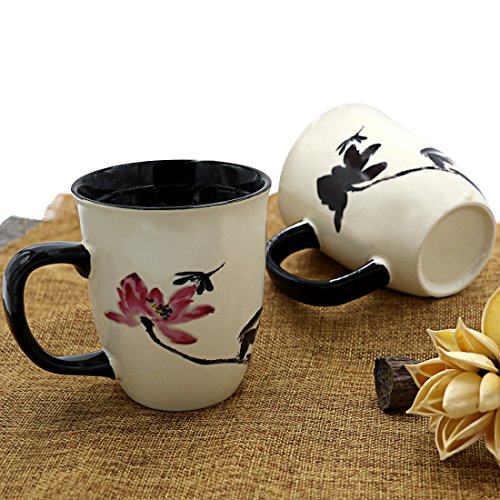 Asmwo Funny Ceramic Magic Heat Color Changing Art Coffee Tea Mug Lotus Printing Porcelain Mugs for Women Personalized White Green Tea Cup 16 oz Large Coffee Mug for Mom Girl Grandma And Man