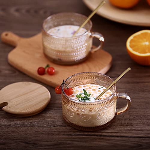 Amber Vintage Glass Mugs with Bamboo Lids - Set of 2