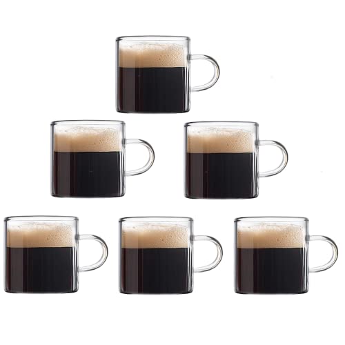 Mfacoy Mini Espresso Cups Set of 6 (Buy 4, get 2 Free), 4 oz Glass Espresso Coffee Cups, Small Espresso Mugs With Handle For Hot or Cold Latte, Tea, Gift for Espresso Lovers, Microwave Dishwasher Safe