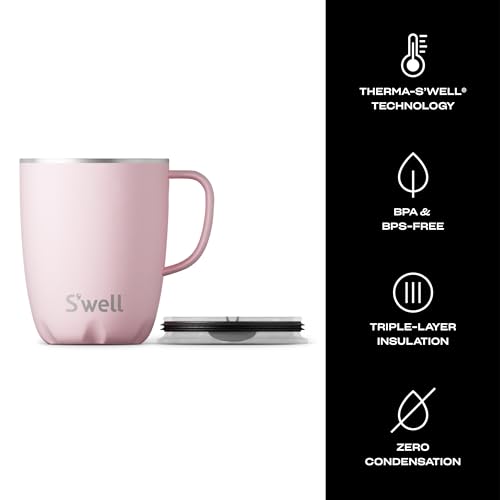 S'well Stainless Steel Mug with Handle, 16oz, Pink Topaz, Triple Layered Vacuum Insulated Containers Keeps Drinks Cold for 10 Hours and Hot for 3, BPA Free