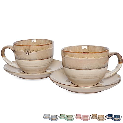 Bosmarlin Ceramic Cappuccino Cup and Saucer Set of 2, 10 Oz, Coffee Cups for Latte, Espresso, Tea, Dishwasher and Microwave Safe, Reavtive Glaze (Brown Grey)