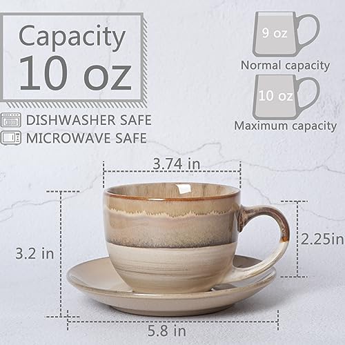 Bosmarlin Ceramic Cappuccino Cup and Saucer Set of 2, 10 Oz, Coffee Cups for Latte, Espresso, Tea, Dishwasher and Microwave Safe, Reavtive Glaze (Brown Grey)
