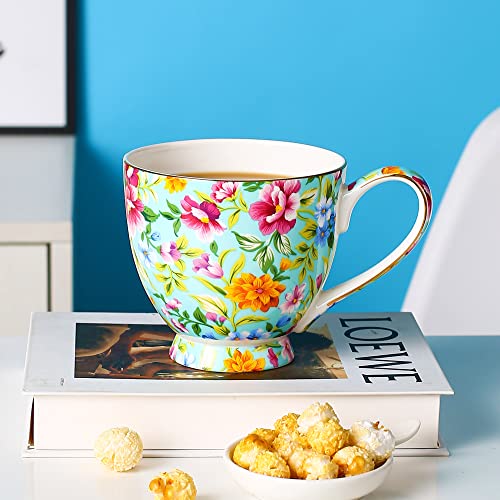 LanHong 16 oz Floral Mugs Bone Porcelain Coffee Tea Cup Cute Coffee Mug Gift for Friend Colleague Dad Mom
