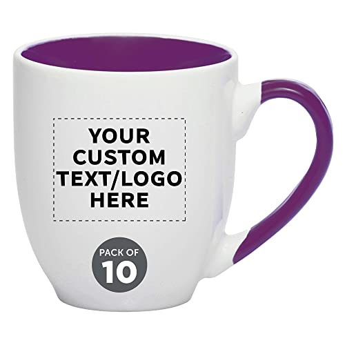 Custom Bistro Style Large Coffee Mugs 16 oz. Set of 10, Personalized Bulk Pack - Perfect for Coffee, Tea, Espresso, Hot Cocoa, Other Beverages - Purple