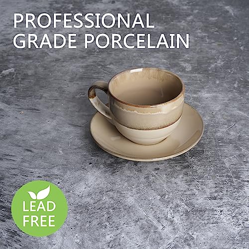 Bosmarlin Ceramic Cappuccino Cup and Saucer Set of 2, 10 Oz, Coffee Cups for Latte, Espresso, Tea, Dishwasher and Microwave Safe, Reavtive Glaze (Brown Grey)