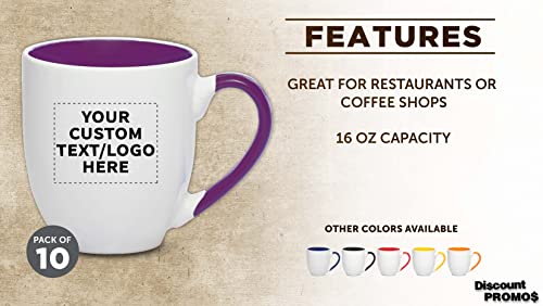 Custom Bistro Style Large Coffee Mugs 16 oz. Set of 10, Personalized Bulk Pack - Perfect for Coffee, Tea, Espresso, Hot Cocoa, Other Beverages - Purple