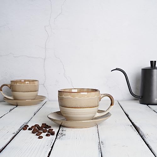 Bosmarlin Ceramic Cappuccino Cup and Saucer Set of 2, 10 Oz, Coffee Cups for Latte, Espresso, Tea, Dishwasher and Microwave Safe, Reavtive Glaze (Brown Grey)