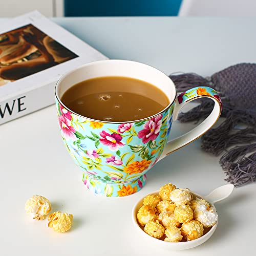 LanHong 16 oz Floral Mugs Bone Porcelain Coffee Tea Cup Cute Coffee Mug Gift for Friend Colleague Dad Mom