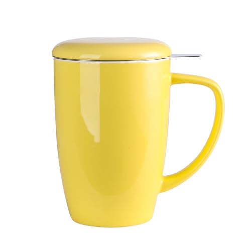 LOVECASA Porcelain Tea Mug with Infuser, 16 oz, Yellow