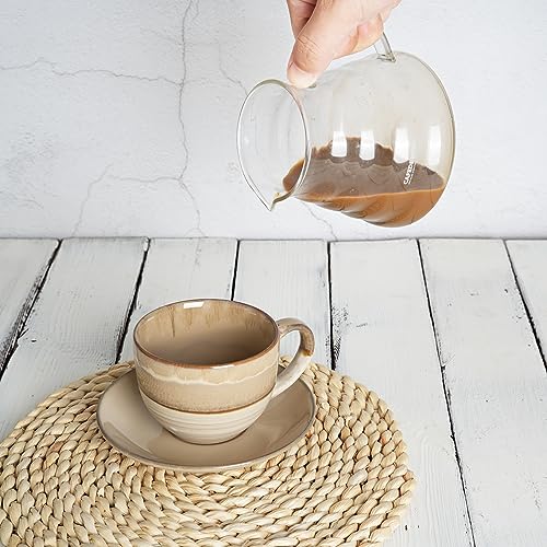 Bosmarlin Ceramic Cappuccino Cup and Saucer Set of 2, 10 Oz, Coffee Cups for Latte, Espresso, Tea, Dishwasher and Microwave Safe, Reavtive Glaze (Brown Grey)