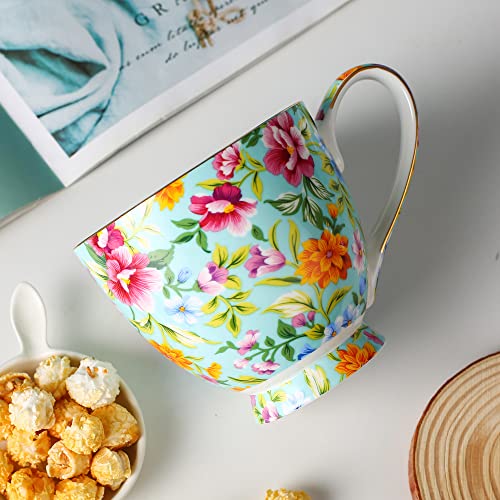 LanHong 16 oz Floral Mugs Bone Porcelain Coffee Tea Cup Cute Coffee Mug Gift for Friend Colleague Dad Mom