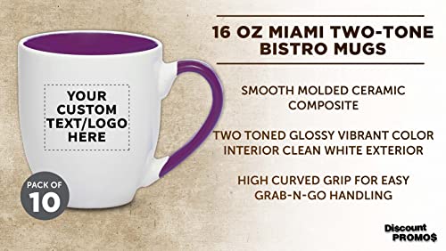 Custom Bistro Style Large Coffee Mugs 16 oz. Set of 10, Personalized Bulk Pack - Perfect for Coffee, Tea, Espresso, Hot Cocoa, Other Beverages - Purple