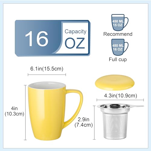 LOVECASA Porcelain Tea Mug with Infuser, 16 oz, Yellow