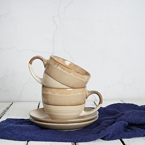 Bosmarlin Ceramic Cappuccino Cup and Saucer Set of 2, 10 Oz, Coffee Cups for Latte, Espresso, Tea, Dishwasher and Microwave Safe, Reavtive Glaze (Brown Grey)