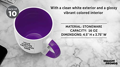 Custom Bistro Style Large Coffee Mugs 16 oz. Set of 10, Personalized Bulk Pack - Perfect for Coffee, Tea, Espresso, Hot Cocoa, Other Beverages - Purple
