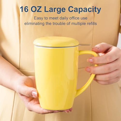 LOVECASA Porcelain Tea Mug with Infuser, 16 oz, Yellow