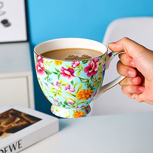 LanHong 16 oz Floral Mugs Bone Porcelain Coffee Tea Cup Cute Coffee Mug Gift for Friend Colleague Dad Mom