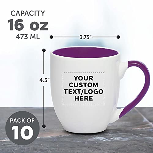 Custom Bistro Style Large Coffee Mugs 16 oz. Set of 10, Personalized Bulk Pack - Perfect for Coffee, Tea, Espresso, Hot Cocoa, Other Beverages - Purple
