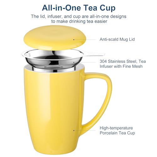 LOVECASA Porcelain Tea Mug with Infuser, 16 oz, Yellow