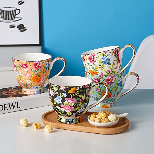 LanHong 16 oz Floral Mugs Bone Porcelain Coffee Tea Cup Cute Coffee Mug Gift for Friend Colleague Dad Mom