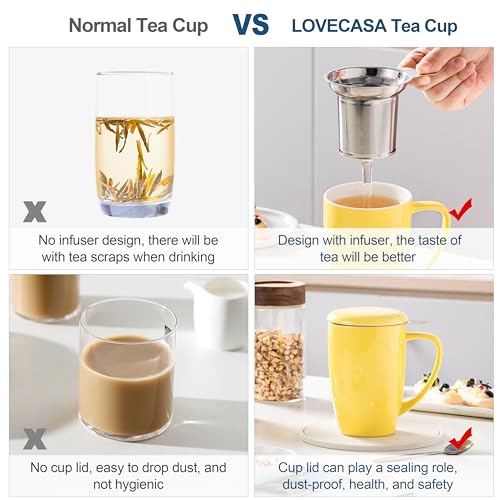 LOVECASA Porcelain Tea Mug with Infuser, 16 oz, Yellow