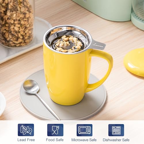 LOVECASA Porcelain Tea Mug with Infuser, 16 oz, Yellow