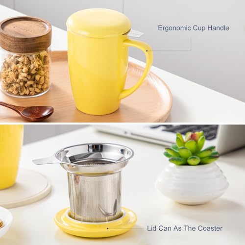 LOVECASA Porcelain Tea Mug with Infuser, 16 oz, Yellow