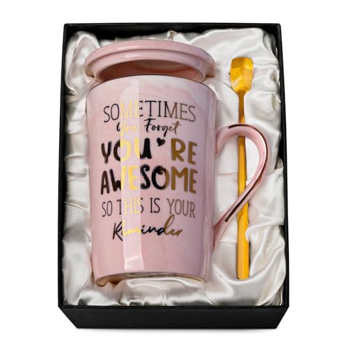 Birthday Thank You Gifts for Women, Sometimes You Forget You're Awesome Coffee Mug, Inspirational Thoughtful Gift for Her, Friend Mom Sister Employee, 14oz Pink Marble Cup with Gold Print, Gift Boxed