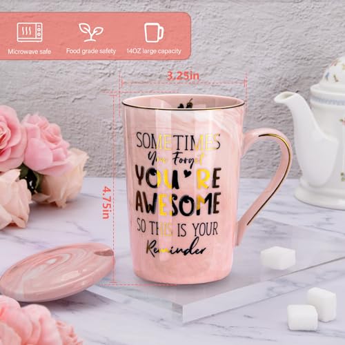 Birthday Thank You Gifts for Women, Sometimes You Forget You're Awesome Coffee Mug, Inspirational Thoughtful Gift for Her, Friend Mom Sister Employee, 14oz Pink Marble Cup with Gold Print, Gift Boxed