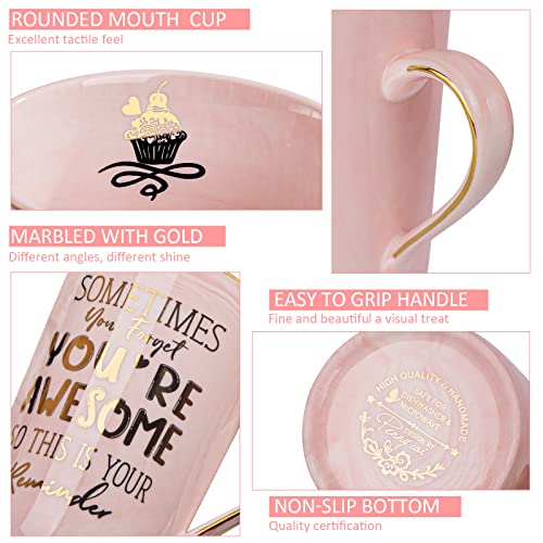 Birthday Thank You Gifts for Women, Sometimes You Forget You're Awesome Coffee Mug, Inspirational Thoughtful Gift for Her, Friend Mom Sister Employee, 14oz Pink Marble Cup with Gold Print, Gift Boxed