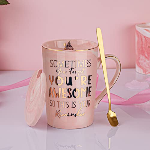 Birthday Thank You Gifts for Women, Sometimes You Forget You're Awesome Coffee Mug, Inspirational Thoughtful Gift for Her, Friend Mom Sister Employee, 14oz Pink Marble Cup with Gold Print, Gift Boxed