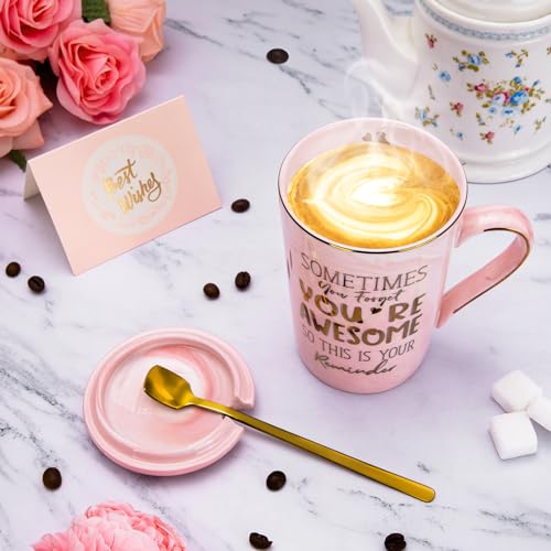 Birthday Thank You Gifts for Women, Sometimes You Forget You're Awesome Coffee Mug, Inspirational Thoughtful Gift for Her, Friend Mom Sister Employee, 14oz Pink Marble Cup with Gold Print, Gift Boxed
