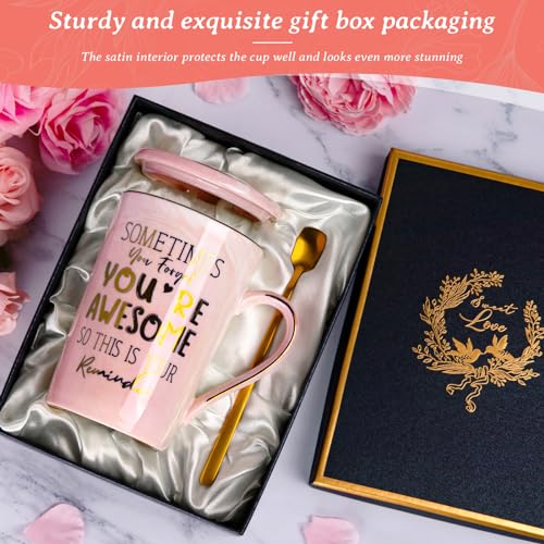 Birthday Thank You Gifts for Women, Sometimes You Forget You're Awesome Coffee Mug, Inspirational Thoughtful Gift for Her, Friend Mom Sister Employee, 14oz Pink Marble Cup with Gold Print, Gift Boxed