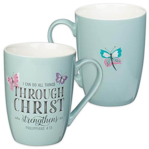 Christian Art Gifts Blue Butterfly Ceramic Coffee Mug – 12 oz. Microwave and Dishwasher-safe Inspirational Scripture Coffee and Tea Mug with Bible Verse: All Things Through Christ – Philippians 4:13
