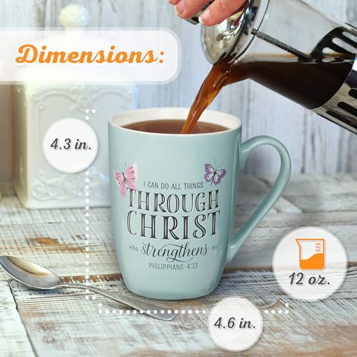 Christian Art Gifts Blue Butterfly Ceramic Coffee Mug – 12 oz. Microwave and Dishwasher-safe Inspirational Scripture Coffee and Tea Mug with Bible Verse: All Things Through Christ – Philippians 4:13