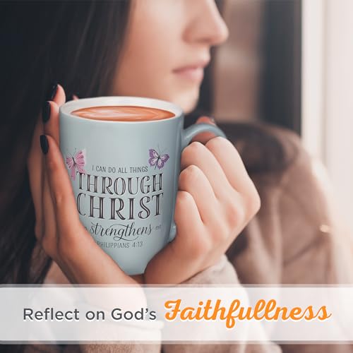 Christian Art Gifts Blue Butterfly Ceramic Coffee Mug – 12 oz. Microwave and Dishwasher-safe Inspirational Scripture Coffee and Tea Mug with Bible Verse: All Things Through Christ – Philippians 4:13