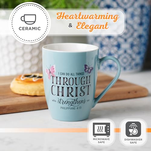 Christian Art Gifts Blue Butterfly Ceramic Coffee Mug – 12 oz. Microwave and Dishwasher-safe Inspirational Scripture Coffee and Tea Mug with Bible Verse: All Things Through Christ – Philippians 4:13