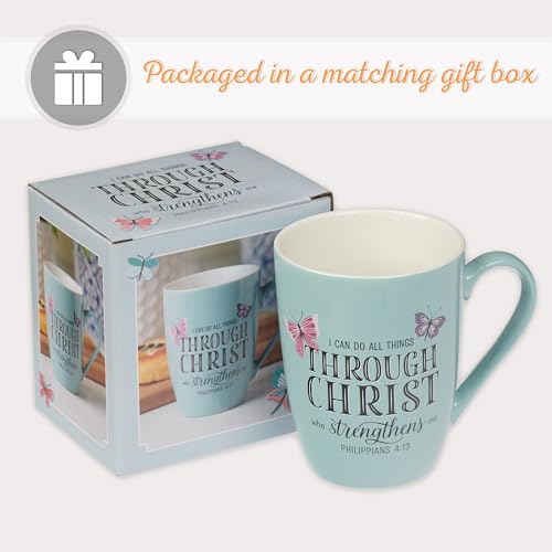 Christian Art Gifts Blue Butterfly Ceramic Coffee Mug – 12 oz. Microwave and Dishwasher-safe Inspirational Scripture Coffee and Tea Mug with Bible Verse: All Things Through Christ – Philippians 4:13