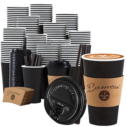 Lamosi 16OZ Coffee Cups, 16 Ounce To Go Cups with Lids, Stir Sticks and Sleeves, 16 Ounce Disposable Coffee Cups, 16 Ounce Black Hot Paper Cups for Home, Travel, Office (16OZ, 50 Pack)