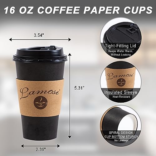 Lamosi 16OZ Coffee Cups, 16 Ounce To Go Cups with Lids, Stir Sticks and Sleeves, 16 Ounce Disposable Coffee Cups, 16 Ounce Black Hot Paper Cups for Home, Travel, Office (16OZ, 50 Pack)