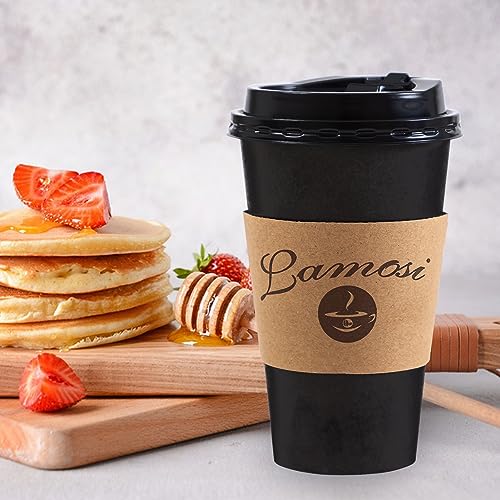 Lamosi 16OZ Coffee Cups, 16 Ounce To Go Cups with Lids, Stir Sticks and Sleeves, 16 Ounce Disposable Coffee Cups, 16 Ounce Black Hot Paper Cups for Home, Travel, Office (16OZ, 50 Pack)