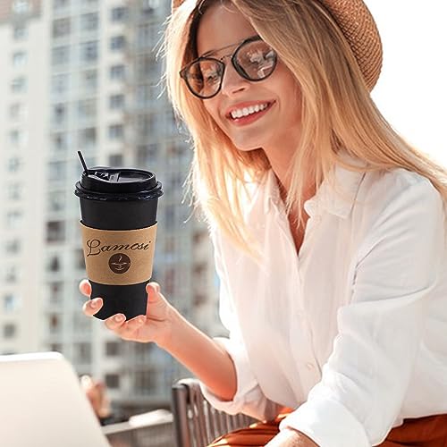 Lamosi 16OZ Coffee Cups, 16 Ounce To Go Cups with Lids, Stir Sticks and Sleeves, 16 Ounce Disposable Coffee Cups, 16 Ounce Black Hot Paper Cups for Home, Travel, Office (16OZ, 50 Pack)