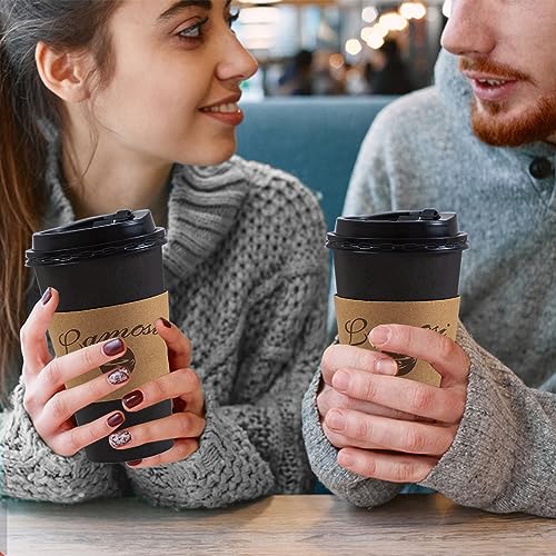 Lamosi 16OZ Coffee Cups, 16 Ounce To Go Cups with Lids, Stir Sticks and Sleeves, 16 Ounce Disposable Coffee Cups, 16 Ounce Black Hot Paper Cups for Home, Travel, Office (16OZ, 50 Pack)